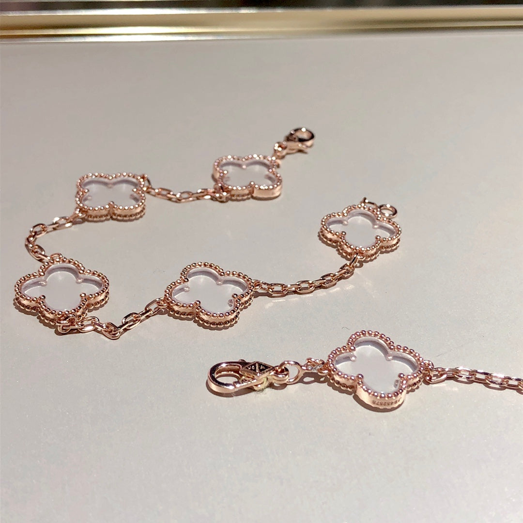 [Noble Jewelry]CLOVER 5 MOTIF ROCK CRYSTAL PINK GOLD BRACELET