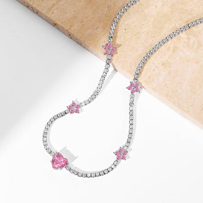 [Noble Jewelry]Dazzling Pink Heart Flower Necklace