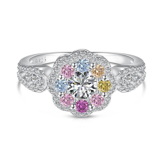 [Noble Jewelry]Delicate Colorful Round Cut Flower Shape Wedding Ring