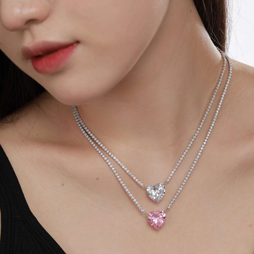 [Noble Jewelry]8.0 Carat Versatile Colorful Sweet Heart-Shaped Tennis Necklace