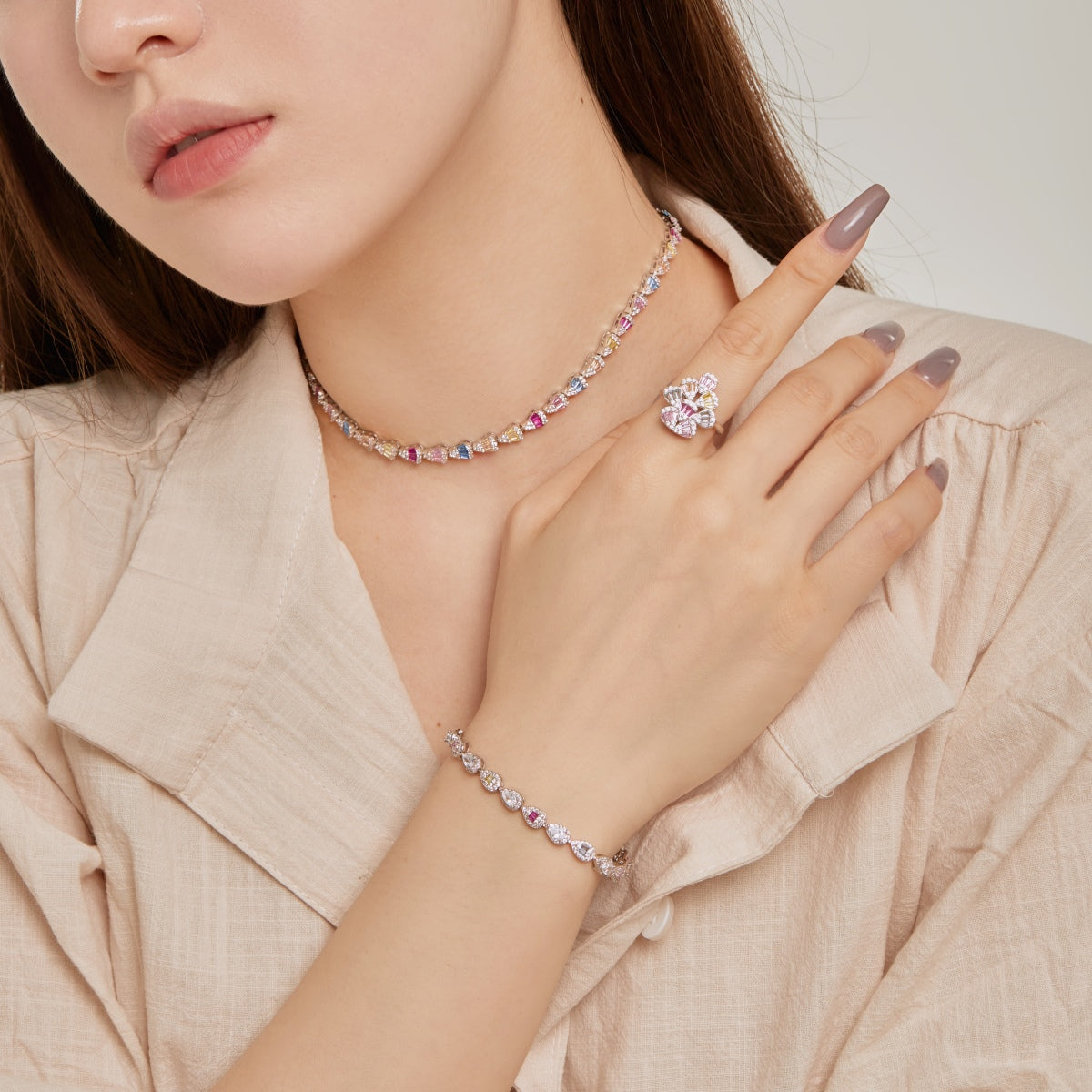 [Noble Jewelry]Sparkling Colorful Water Drop Shape Daily Ring