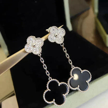 [Noble Jewelry]CLOVER 2 MOTIFS  DIAMOND ONYX EARRINGS SILVER