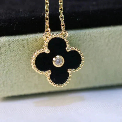 [Noble Jewelry]CLOVER 15MM DIAMOND ONYX NECKLACE