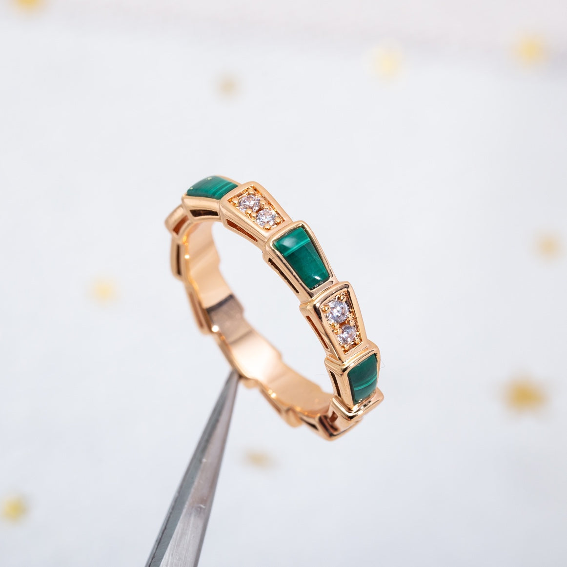 [Noble Jewelry]SERPENTI RING PINK GOLD MALACHITE DIAMOND 3MM