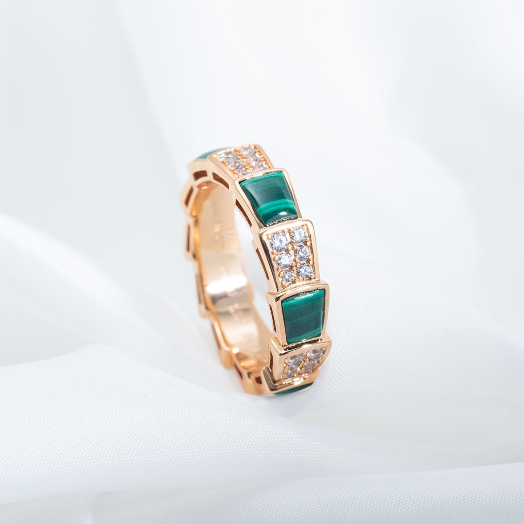 [Noble Jewelry]SERPENTI RING PINK GOLD MALACHITE DIAMOND PAVED 4MM