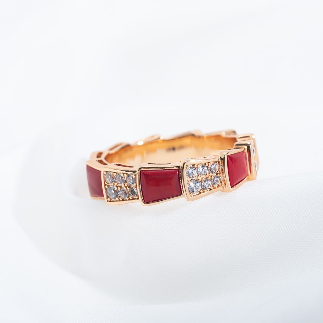 [Noble Jewelry]SERPENTI RING PINK GOLD CARNELIAN DIAMOND PAVED 4MM