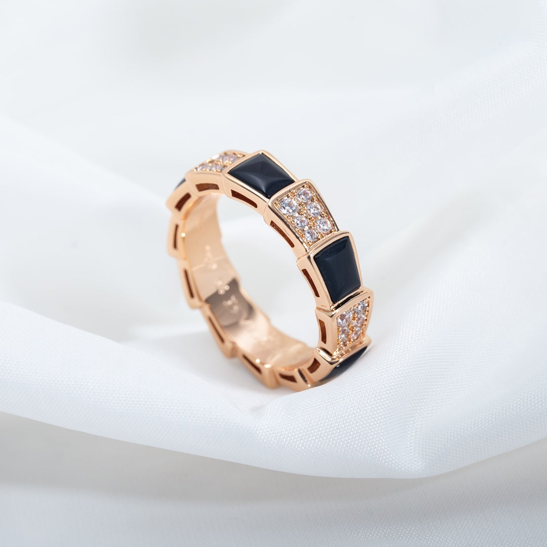 [Noble Jewelry]SERPENTI RING PINK GOLD BLACK MOP DIAMOND PAVED 4MM