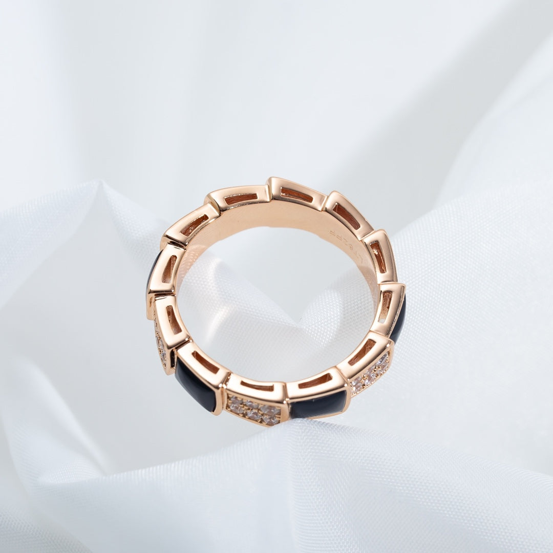 [Noble Jewelry]SERPENTI RING PINK GOLD BLACK MOP DIAMOND PAVED 4MM