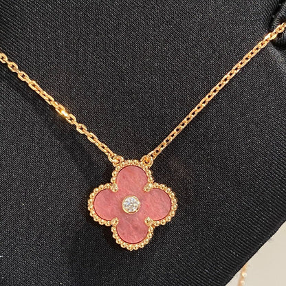 [Noble Jewelry]CLOVER 15MM DIAMOND RHODONITE NECKLACE