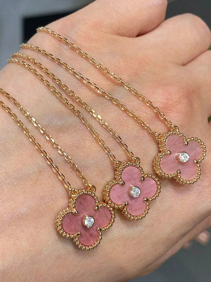 [Noble Jewelry]CLOVER 15MM DIAMOND RHODONITE NECKLACE