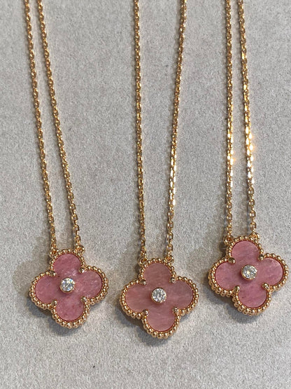 [Noble Jewelry]CLOVER 15MM DIAMOND RHODONITE NECKLACE