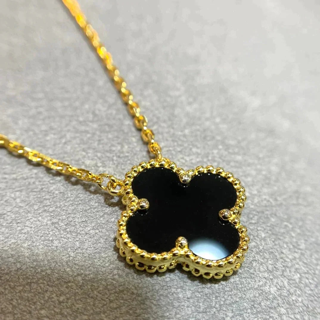 [Noble Jewelry]CLOVER 15MM BLACK ONYX SINGLE FLOWER NECKLACE