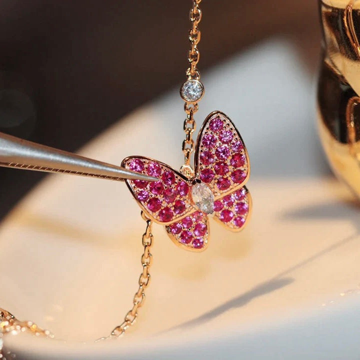 [Noble Jewelry]BUTTERFLY RED DIAMOND PINK GOLD NECKLACE