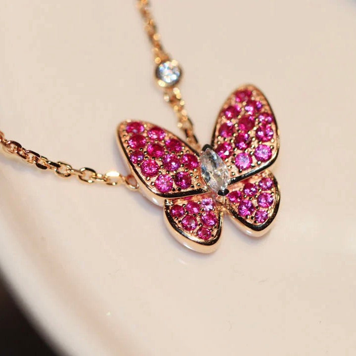 [Noble Jewelry]BUTTERFLY RED DIAMOND PINK GOLD NECKLACE