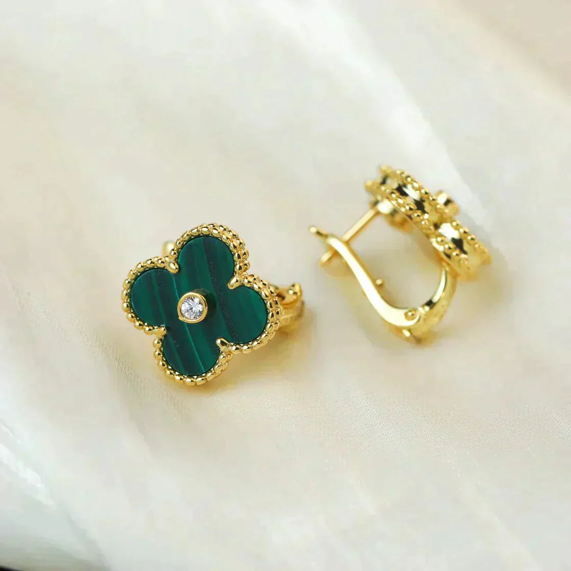 [Noble Jewelry]CLOVER MEDIUM 1 MOTIFS MALACHITE DIAMOND EARRINGS