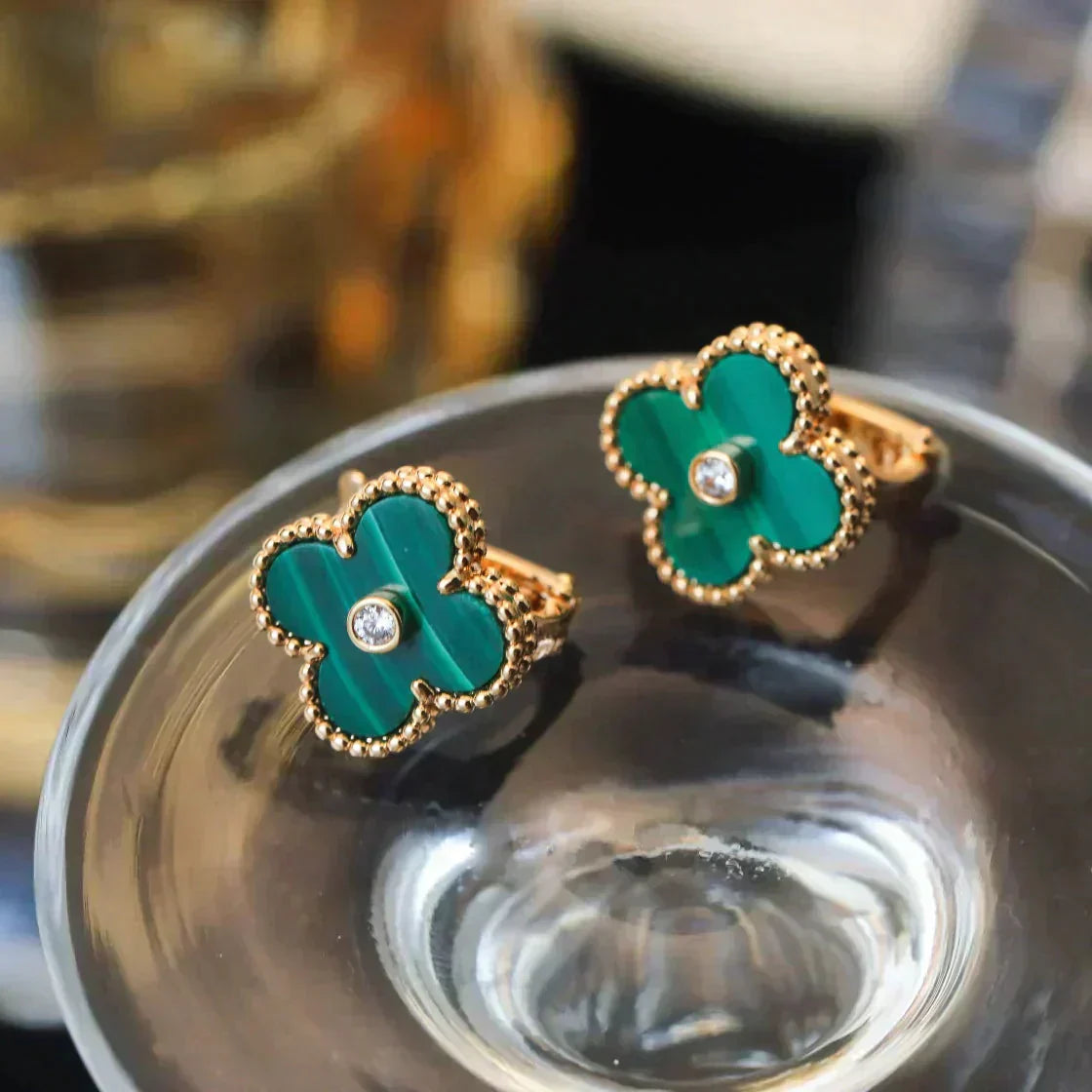 [Noble Jewelry]CLOVER MEDIUM 1 MOTIFS MALACHITE DIAMOND EARRINGS