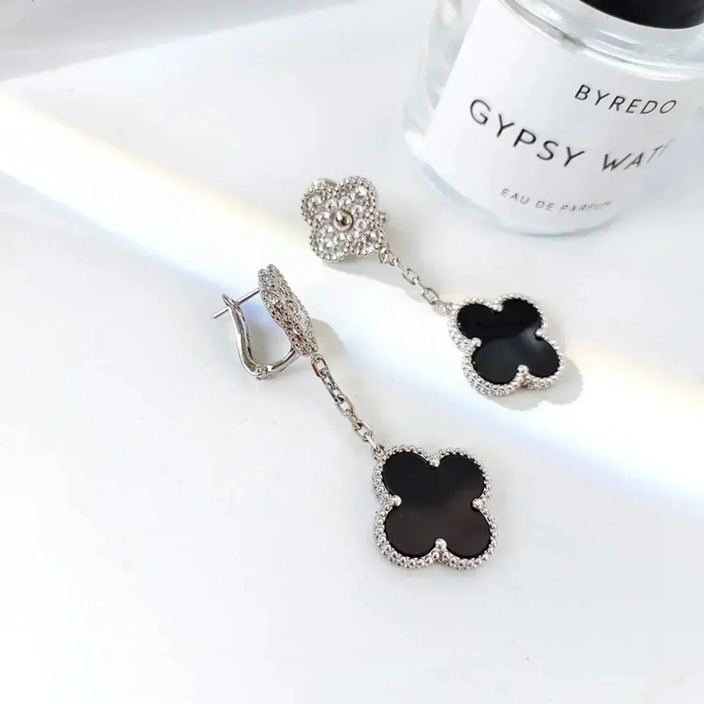 [Noble Jewelry]CLOVER 2 MOTIFS  DIAMOND ONYX EARRINGS SILVER