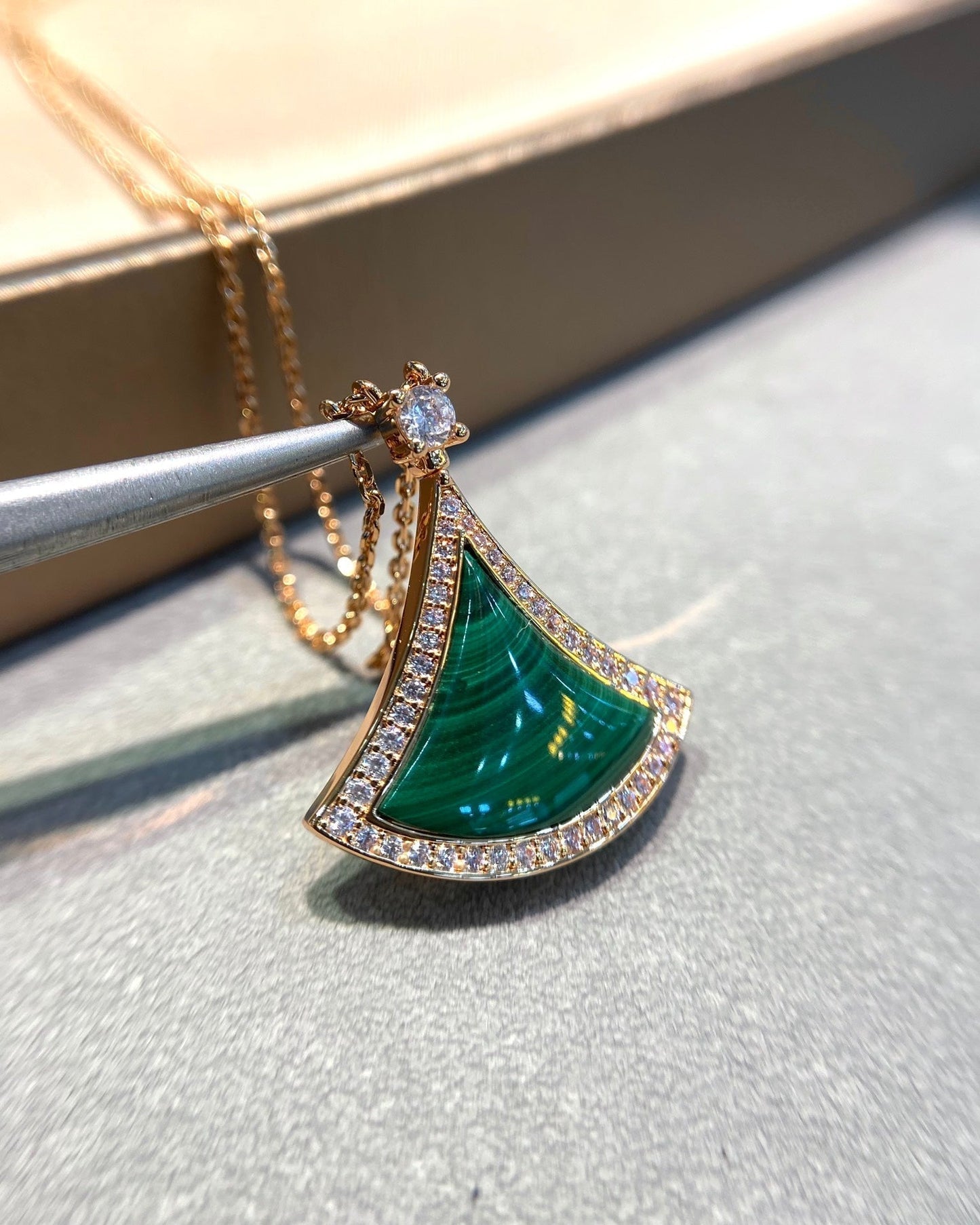 [Noble Jewelry]DREAM MALACHITE DIAMOND PAVED PINK GOLD NECKLACE