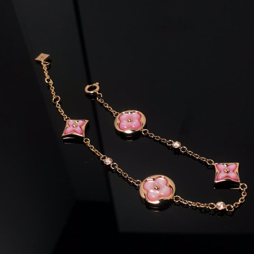 [Noble Jewelry]STAR AND SUN 4 MOTIF PINK MOP PINK GOLD BRACELET