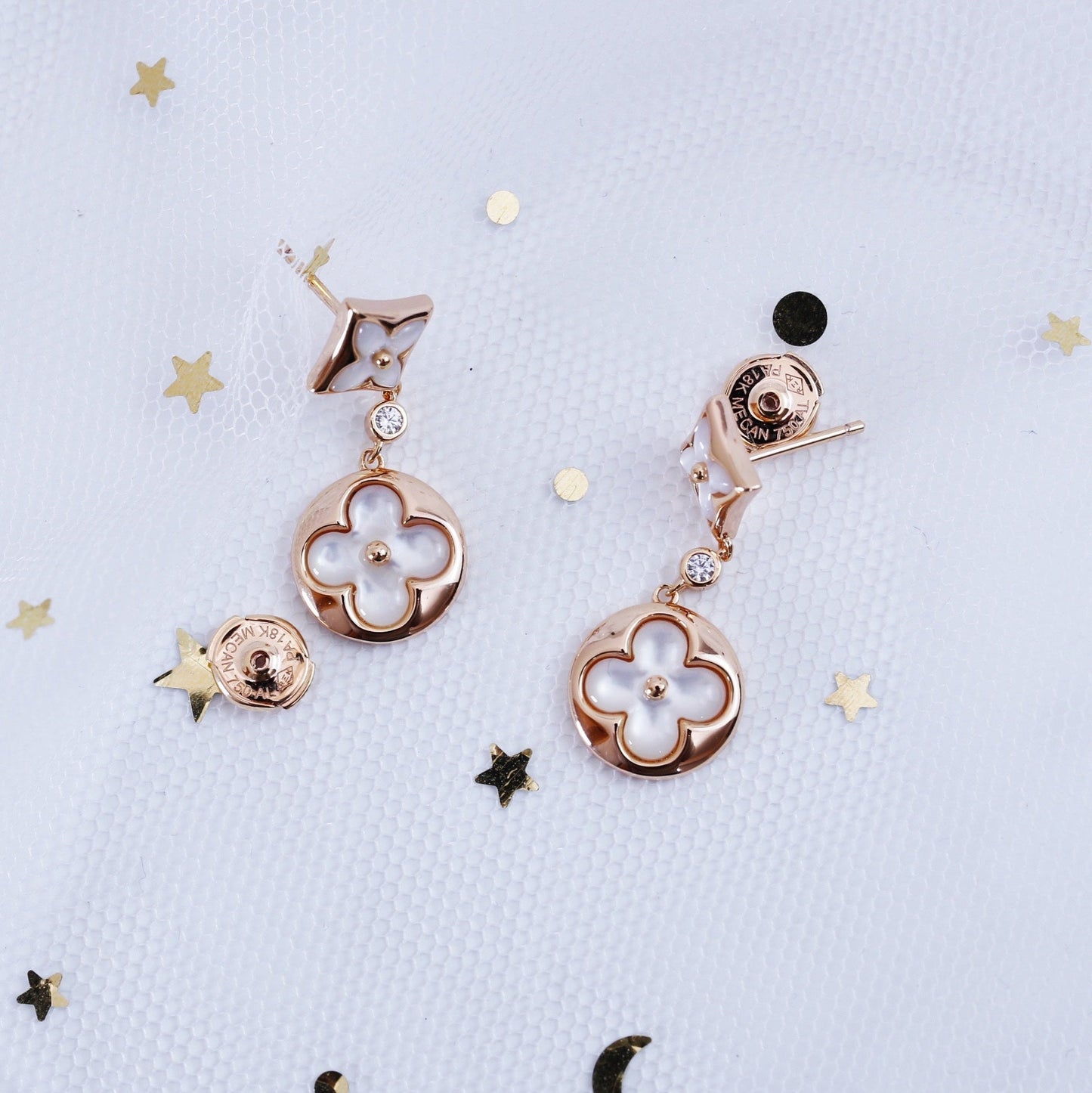 [Noble Jewelry]STAR AND SUN PINK GOLD MOP DROP EARRINGS