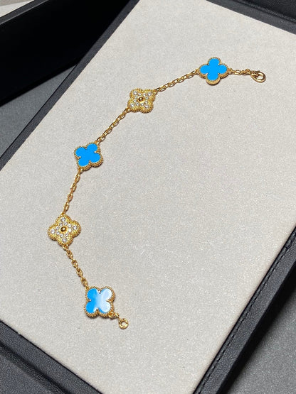 [Noble Jewelry]CLOVER 5 MOTIF BLUE CHALCEDONY DIAMOND GOLD BRACELET