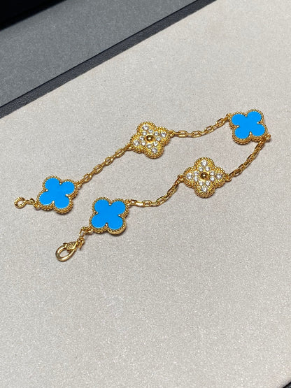 [Noble Jewelry]CLOVER 5 MOTIF BLUE CHALCEDONY DIAMOND GOLD BRACELET