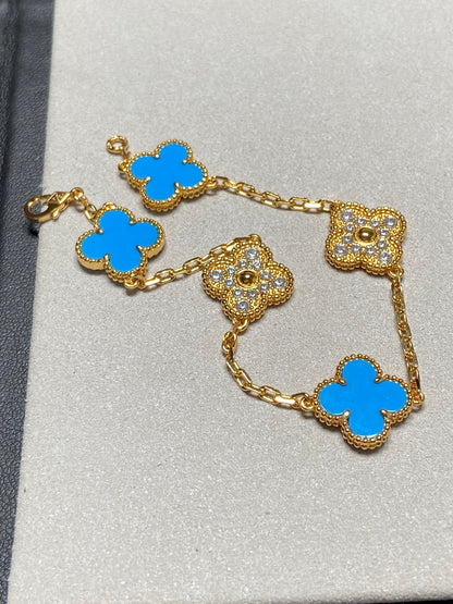 [Noble Jewelry]CLOVER 5 MOTIF BLUE CHALCEDONY DIAMOND GOLD BRACELET