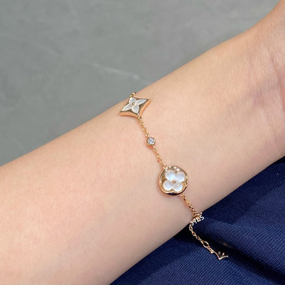 [Noble Jewelry]STAR AND SUN 4 MOTIF WHITE MOP PINK GOLD BRACELET