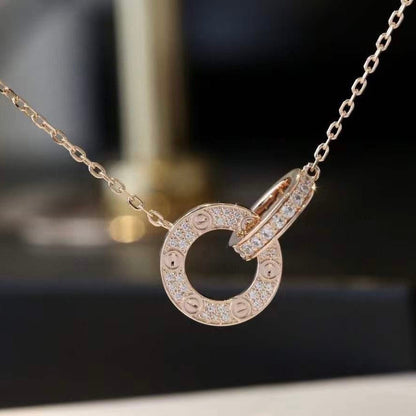 [Noble Jewelry]LOVE 7.6MM NECKLACE ROSE GOLD AND SILVER  FULL DIAMOND