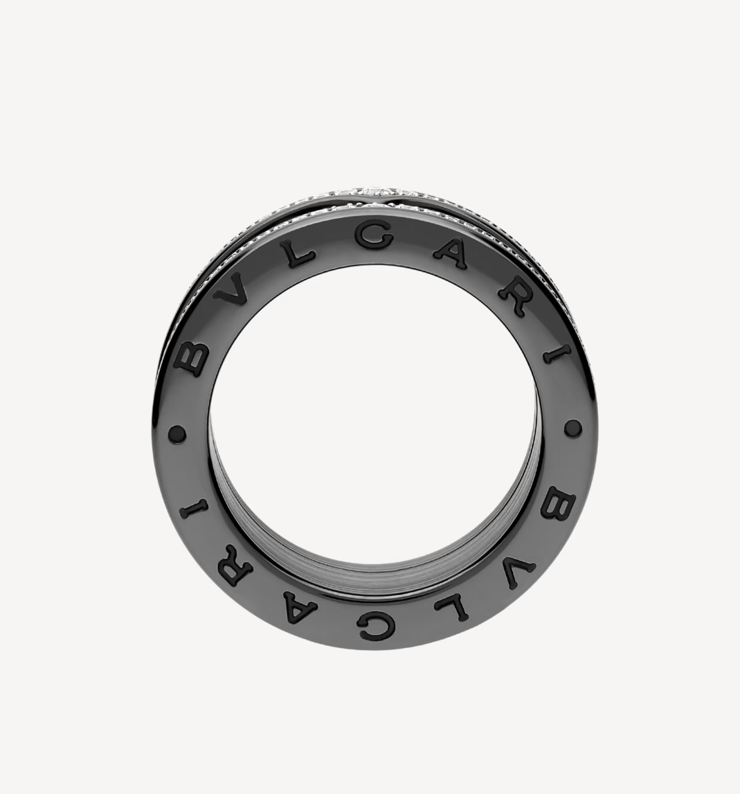 [Noble Jewelry]ZERO 1 ROCK FOUR-BAND BLACK CERAMIC WITH STUDDED SPIRAL AND PAVED DIAMONDS RING