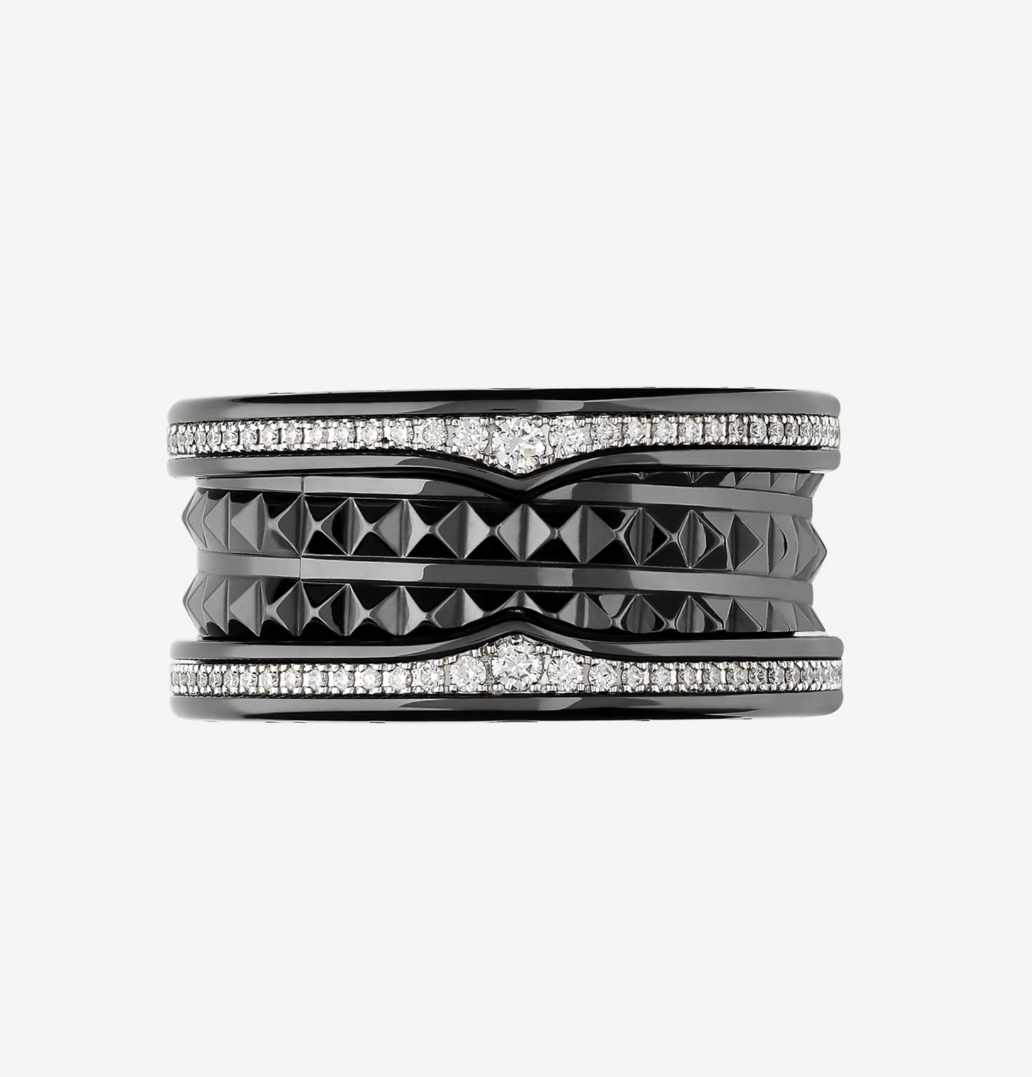 [Noble Jewelry]ZERO 1 ROCK FOUR-BAND BLACK CERAMIC WITH STUDDED SPIRAL AND PAVED DIAMONDS RING