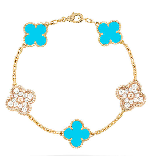 [Noble Jewelry]CLOVER 5 MOTIF TURQUOISE DIAMOND GOLD BRACELET