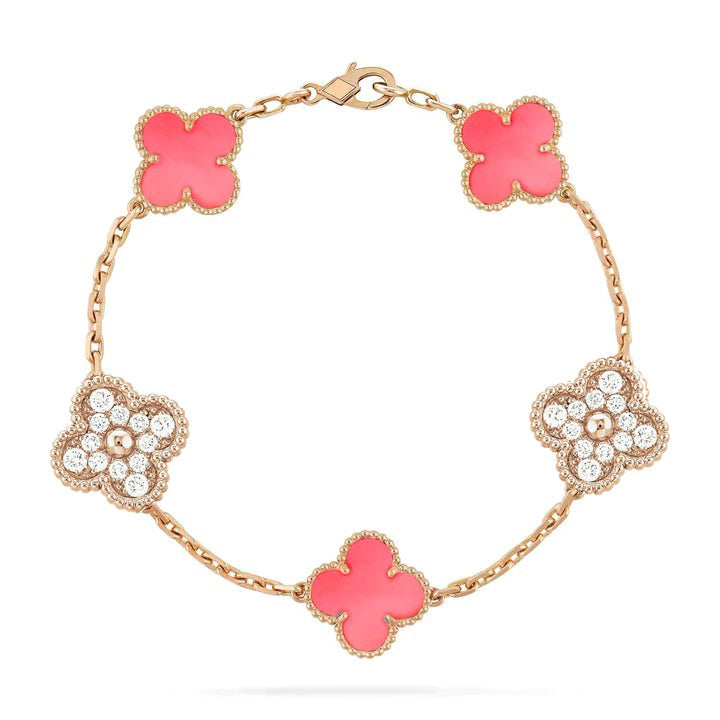 [Noble Jewelry]CLOVER 5 MOTIF DIAMOND PINK MOP PINK GOLD BRACELET