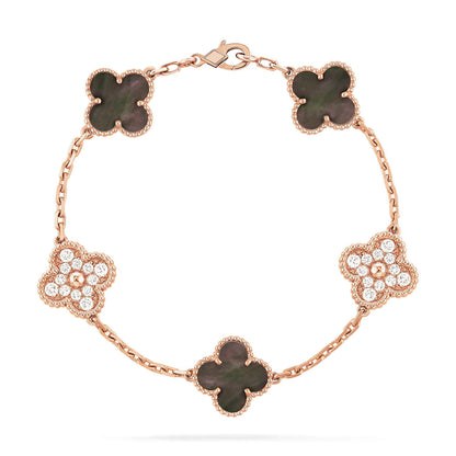 [Noble Jewelry]CLOVER 5 MOTIFS DARK MOP AND DIAMONDS PINK GOLD BRACELET