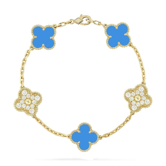 [Noble Jewelry]CLOVER 5 MOTIF BLUE CHALCEDONY DIAMOND GOLD BRACELET