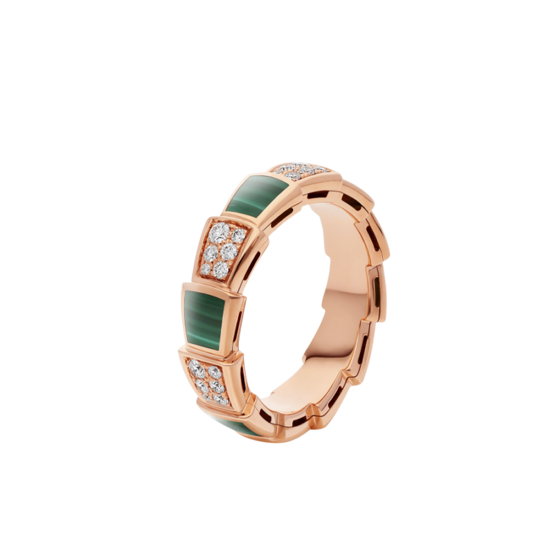 [Noble Jewelry]SERPENTI RING PINK GOLD MALACHITE DIAMOND PAVED 4MM