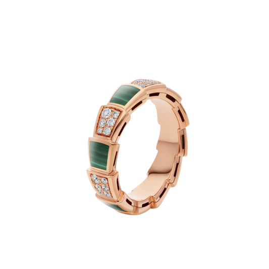 [Noble Jewelry]SERPENTI RING PINK GOLD MALACHITE DIAMOND PAVED 4MM