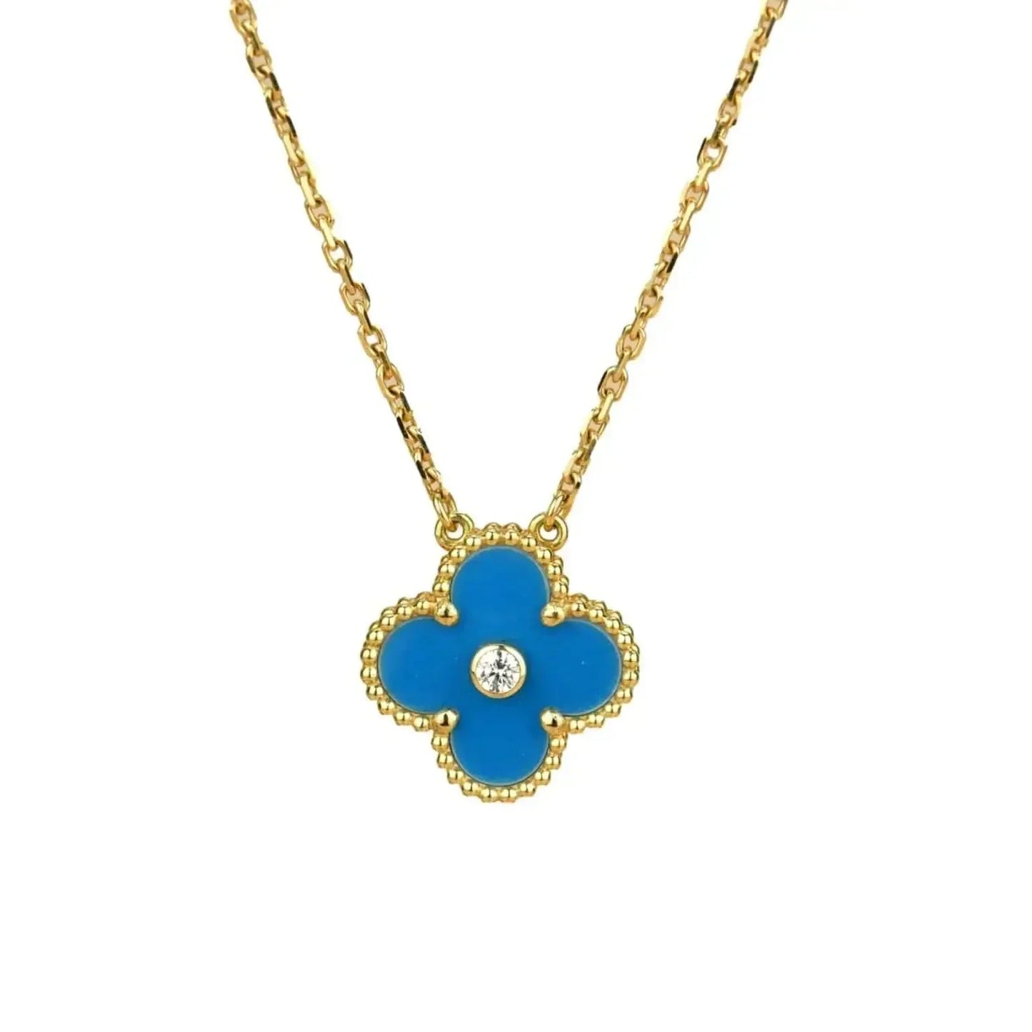 [Noble Jewelry]CLOVER 15MM DIAMOND AND BLUE AGATE NECKLACE