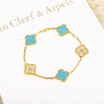 [Noble Jewelry]CLOVER 5 MOTIF TURQUOISE DIAMOND GOLD BRACELET