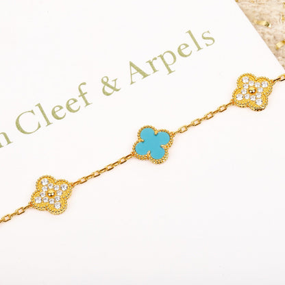 [Noble Jewelry]CLOVER 5 MOTIF TURQUOISE DIAMOND GOLD BRACELET