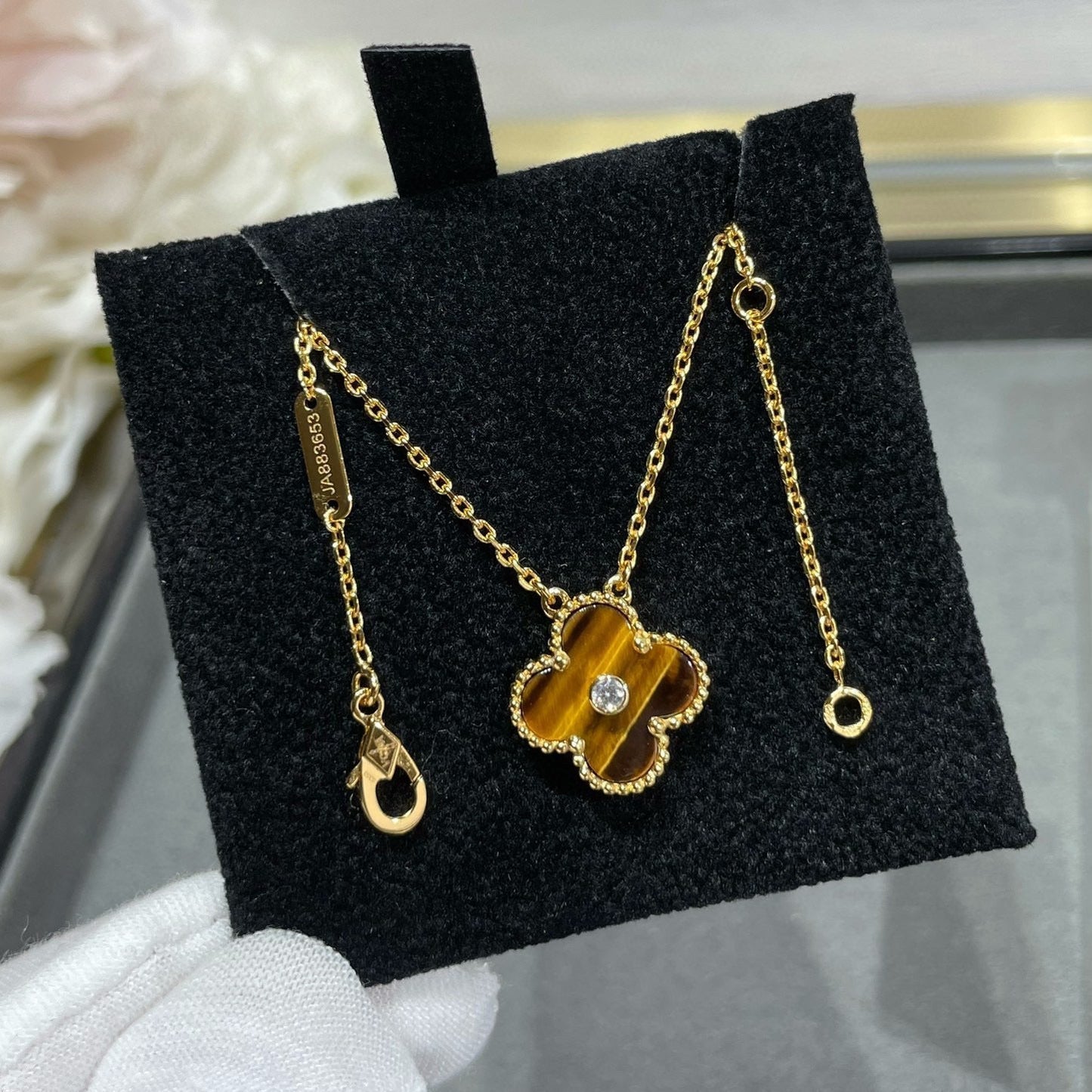 [Noble Jewelry]CLOVER 15MM DIAMOND AND YELLOW TIGER'S EYE AGATE necklace