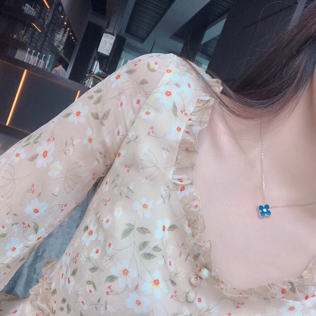 [Noble Jewelry]CLOVER 15MM DIAMOND AND BLUE AGATE NECKLACE