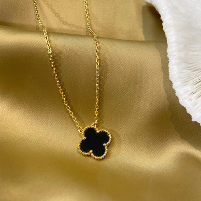 [Noble Jewelry]CLOVER 15MM BLACK ONYX SINGLE FLOWER NECKLACE