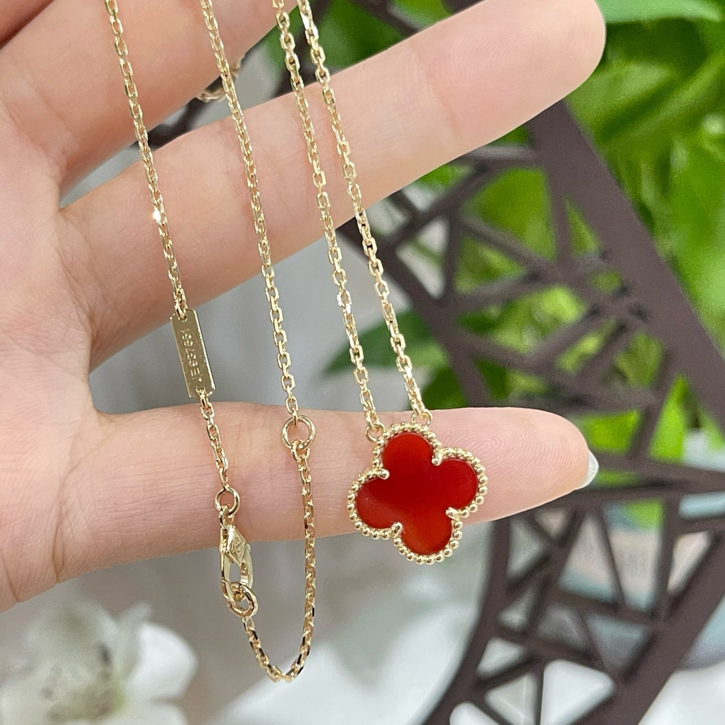 [Noble Jewelry]CLOVER 15MM CARNELIAN SINGLE FLOWER NECKLACE