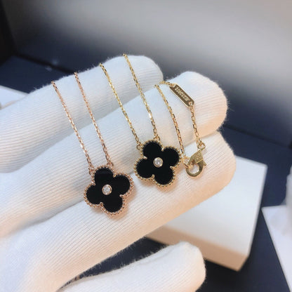 [Noble Jewelry]CLOVER 15MM DIAMOND ONYX NECKLACE