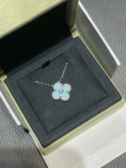 [Noble Jewelry]CLOVER 1 DIAMOND LIGHT BLUE SILVER NECKLACE