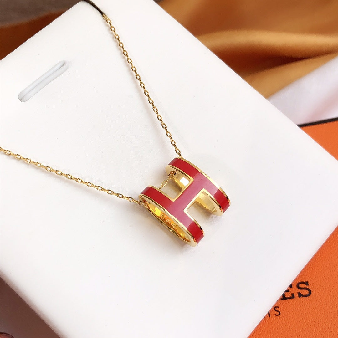 [Noble Jewelry]HM CLIC RED ENAMEL GOLD NECKLACE