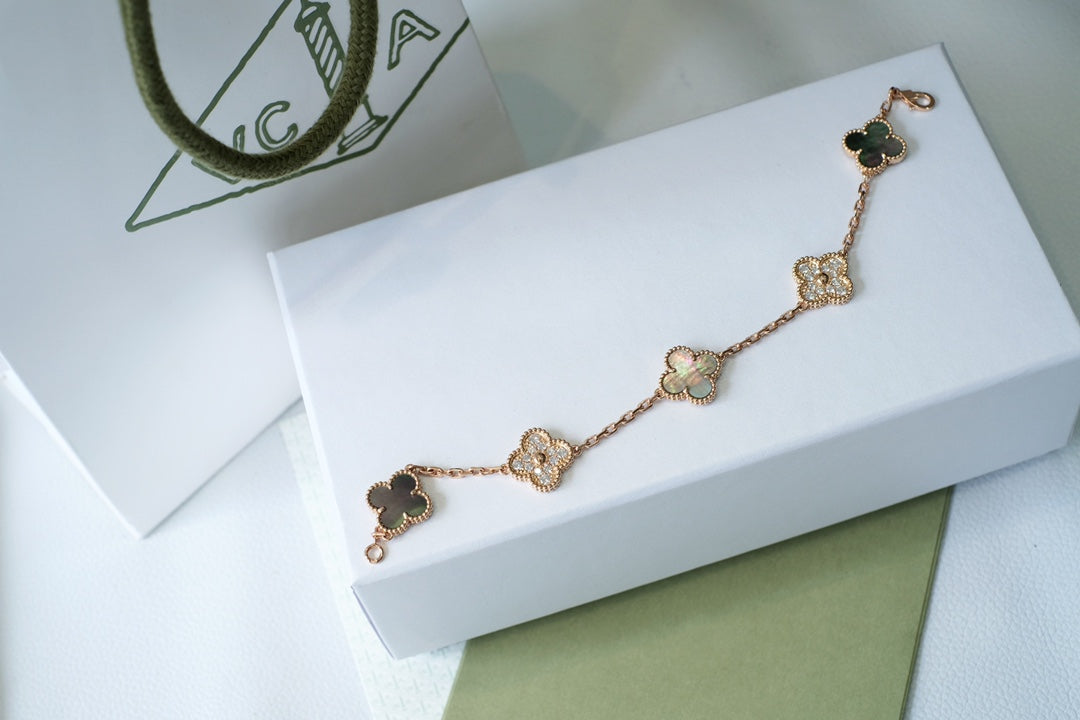 [Noble Jewelry]CLOVER 5 MOTIFS DARK MOP AND DIAMONDS PINK GOLD BRACELET