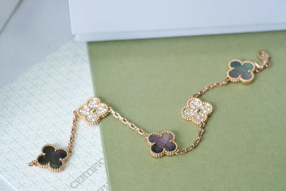 [Noble Jewelry]CLOVER 5 MOTIFS DARK MOP AND DIAMONDS PINK GOLD BRACELET