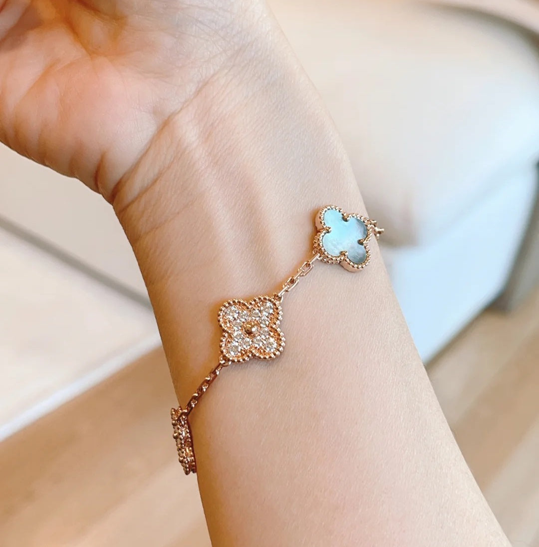 [Noble Jewelry]CLOVER 5 MOTIFS DARK MOP AND DIAMONDS PINK GOLD BRACELET